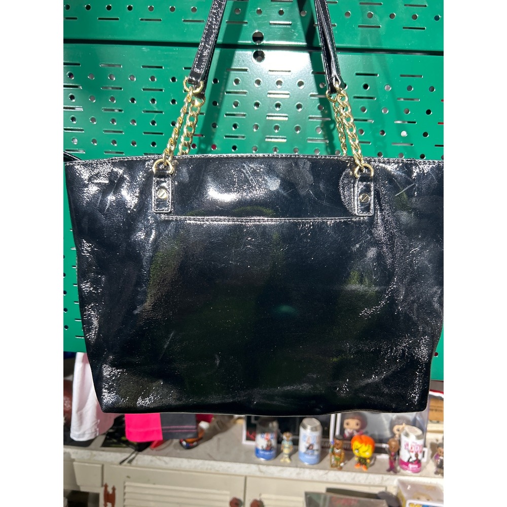 Michael Kors Black Patent Leather Tote Bag Gold Chain Shoulder Bag Zippered Top - Picture 8 of 9